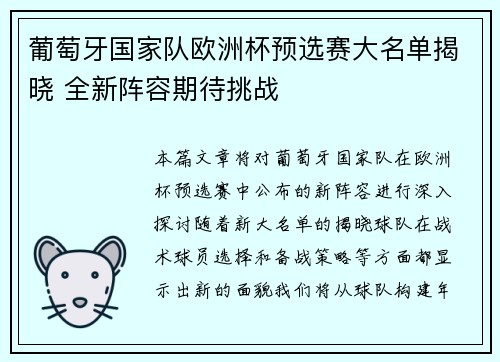 葡萄牙国家队欧洲杯预选赛大名单揭晓 全新阵容期待挑战